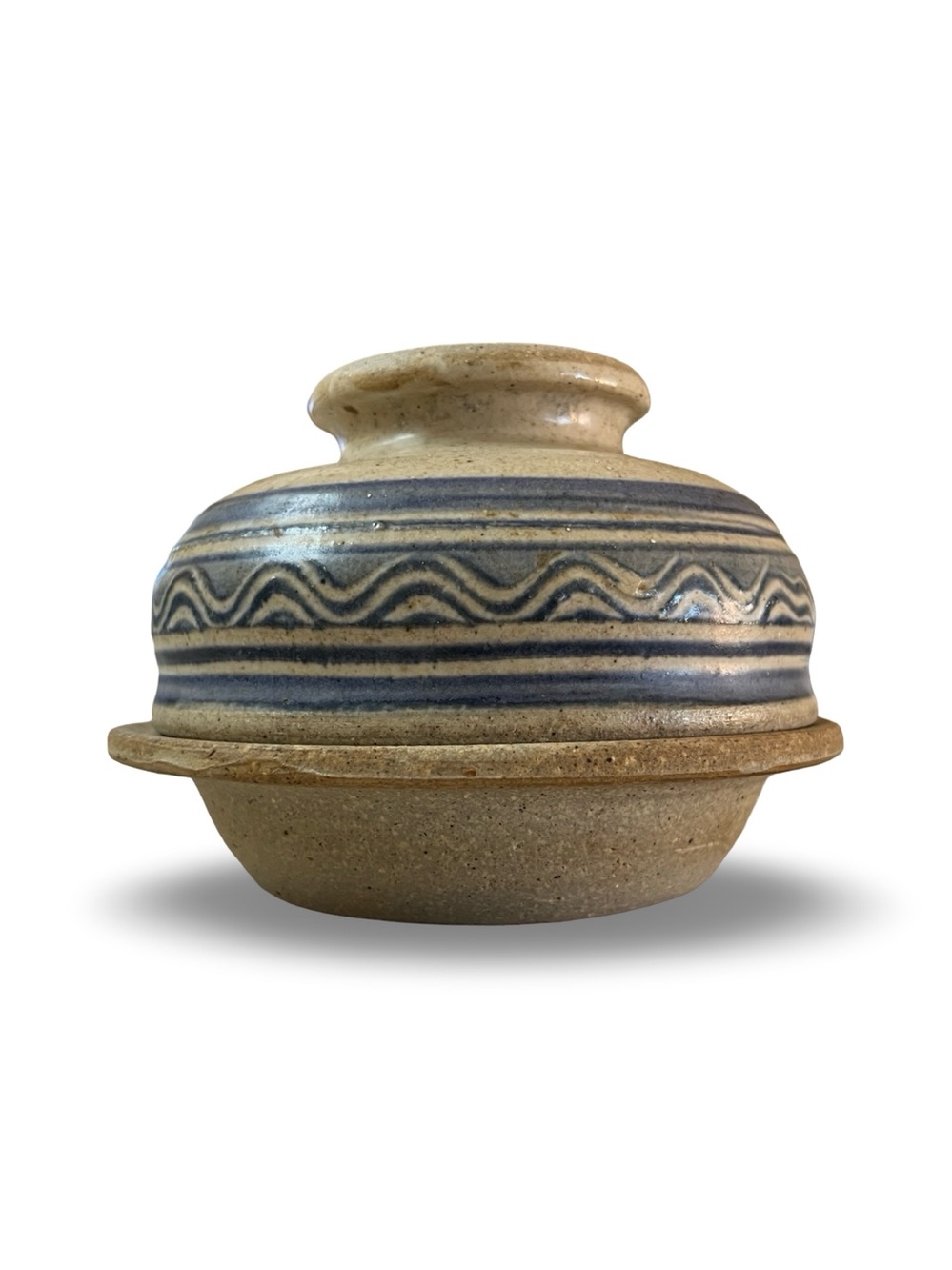Nystrom Pottery Covered Butter Dish Blue Wave Beige Stoneware 6”